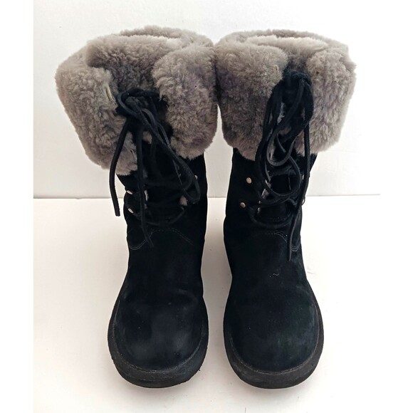 UGG Montclair 1892 Blk Leather Tall Lace Up Boot Gray Shearling Lined US 7 - Picture 2 of 8